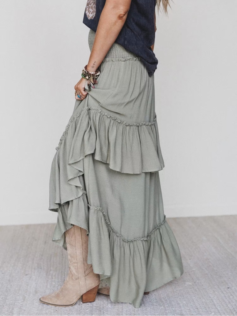 Three Bird Nest Boho Tiered Maxi Skirt in Olive Green - Picture 3 of 8